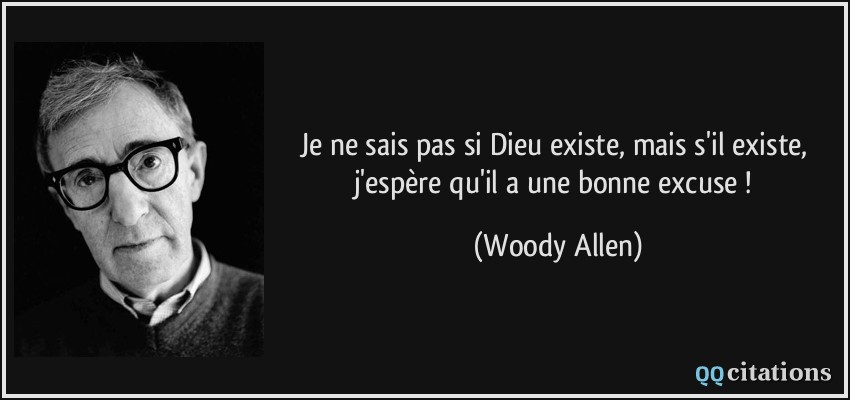 Je ne sais pas si Dieu existe, mais s'il existe, j'espère qu'il a une bonne excuse !  - Woody Allen
