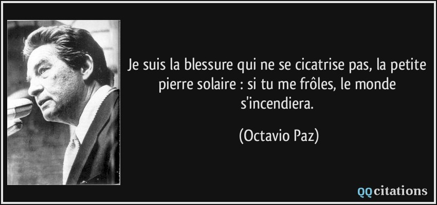 Je suis la blessure qui ne se cicatrise pas, la petite pierre solaire : si tu me frôles, le monde s'incendiera.  - Octavio Paz