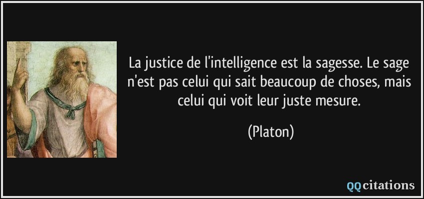 La justice de l'intelligence est la sagesse. Le sage n'est pas celui qui sait beaucoup de choses, mais celui qui voit leur juste mesure.  - Platon