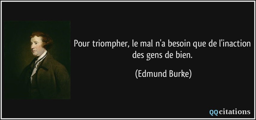 Pour triompher, le mal n'a besoin que de l'inaction des gens de bien.  - Edmund Burke