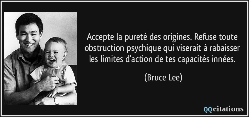 Accepte la pureté des origines. Refuse toute obstruction psychique qui viserait à rabaisser les limites d'action de tes capacités innées.  - Bruce Lee