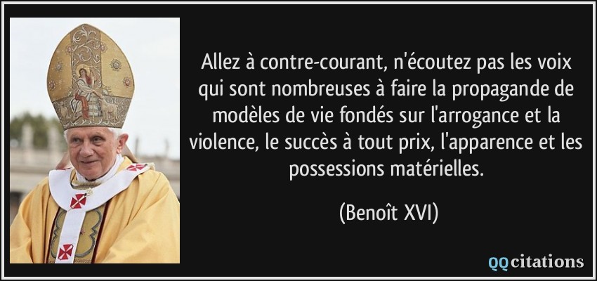 Allez à contre-courant, n'écoutez pas les voix qui sont nombreuses à faire la propagande de modèles de vie fondés sur l'arrogance et la violence, le succès à tout prix, l'apparence et les possessions matérielles.  - Benoît XVI