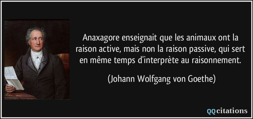 Anaxagore enseignait que les animaux ont la raison active, mais non la raison passive, qui sert en même temps d'interprète au raisonnement.  - Johann Wolfgang von Goethe