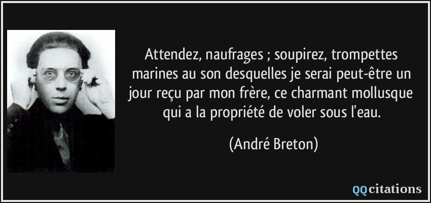 Attendez, naufrages ; soupirez, trompettes marines au son desquelles je serai peut-être un jour reçu par mon frère, ce charmant mollusque qui a la propriété de voler sous l'eau.  - André Breton