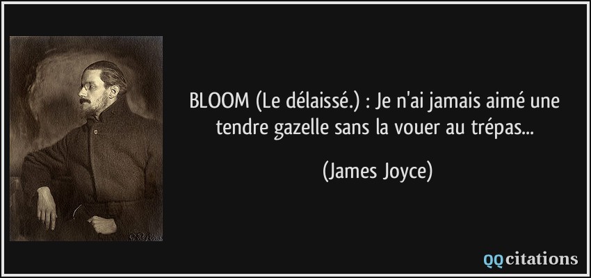 BLOOM (Le délaissé.) : Je n'ai jamais aimé une tendre gazelle sans la vouer au trépas...  - James Joyce