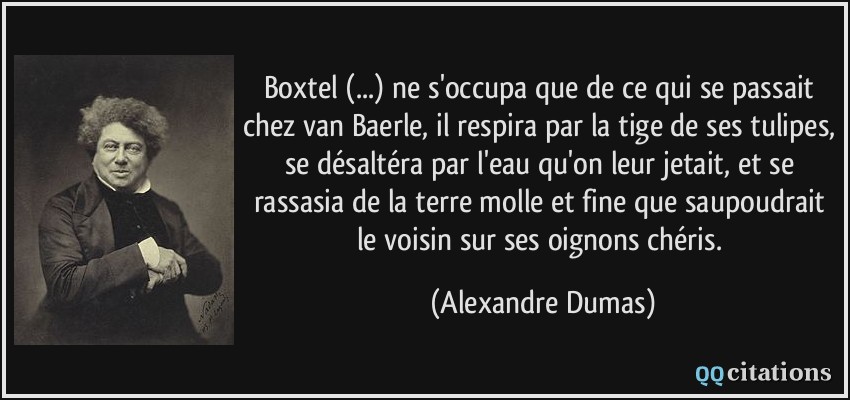 Boxtel (...) ne s'occupa que de ce qui se passait chez van Baerle, il respira par la tige de ses tulipes, se désaltéra par l'eau qu'on leur jetait, et se rassasia de la terre molle et fine que saupoudrait le voisin sur ses oignons chéris.  - Alexandre Dumas