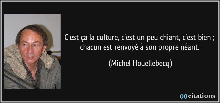 C'est ça la culture, c'est un peu chiant, c'est bien ; chacun est renvoyé à son propre néant.  - Michel Houellebecq