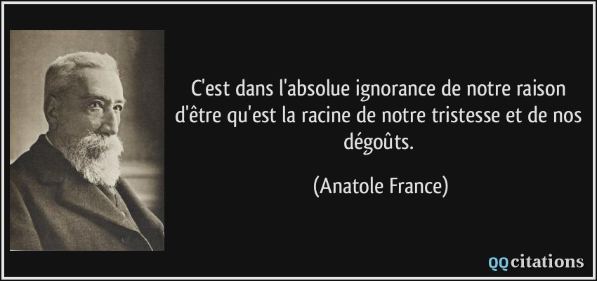 C'est dans l'absolue ignorance de notre raison d'être qu'est la racine de notre tristesse et de nos dégoûts.  - Anatole France
