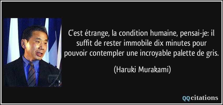 C'est étrange, la condition humaine, pensai-je: il suffit de rester immobile dix minutes pour pouvoir contempler une incroyable palette de gris.  - Haruki Murakami