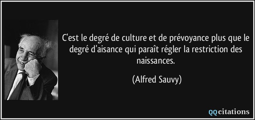 C'est le degré de culture et de prévoyance plus que le degré d'aisance qui paraît régler la restriction des naissances.  - Alfred Sauvy