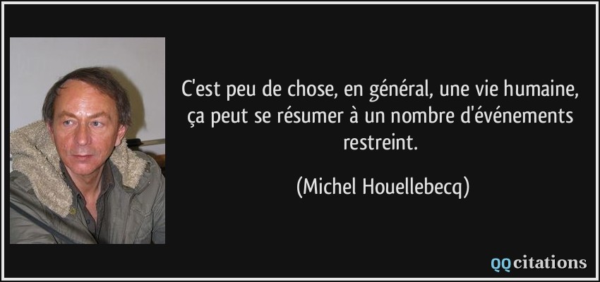 C'est peu de chose, en général, une vie humaine, ça peut se résumer à un nombre d'événements restreint.  - Michel Houellebecq