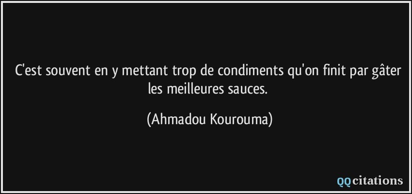 C'est souvent en y mettant trop de condiments qu'on finit par gâter les meilleures sauces.  - Ahmadou Kourouma