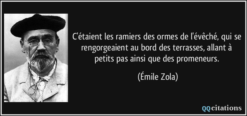 C'étaient les ramiers des ormes de l'évêché, qui se rengorgeaient au bord des terrasses, allant à petits pas ainsi que des promeneurs.  - Émile Zola