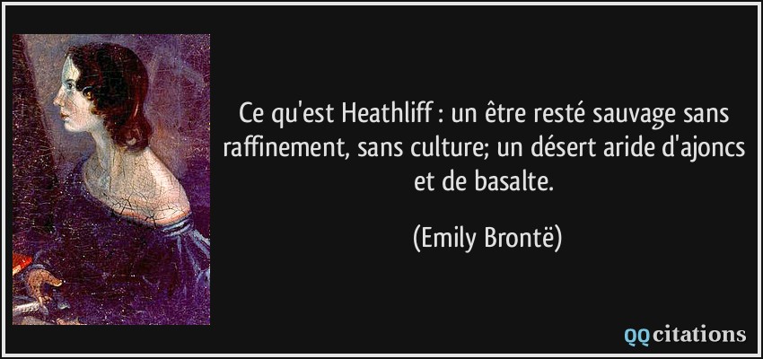Ce qu'est Heathliff : un être resté sauvage sans raffinement, sans culture; un désert aride d'ajoncs et de basalte.  - Emily Brontë