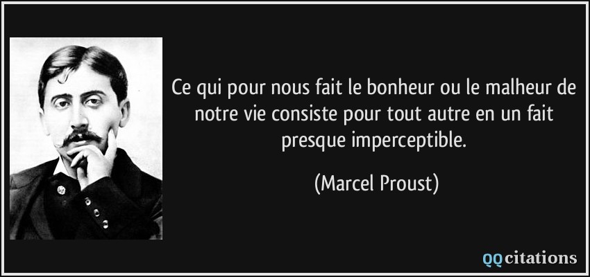 Ce qui pour nous fait le bonheur ou le malheur de notre vie consiste pour tout autre en un fait presque imperceptible.  - Marcel Proust