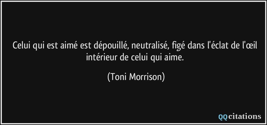 Celui qui est aimé est dépouillé, neutralisé, figé dans l'éclat de l'œil intérieur de celui qui aime.  - Toni Morrison