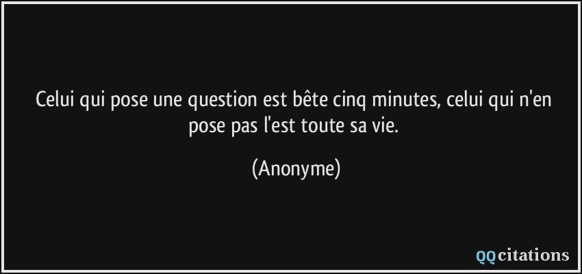 Celui qui pose une question est bête cinq minutes, celui qui n'en pose pas l'est toute sa vie.  - Anonyme