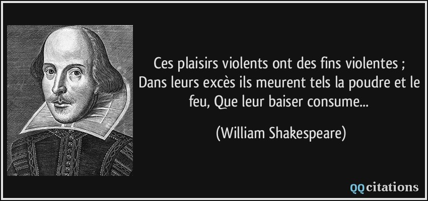 Ces plaisirs violents ont des fins violentes ; Dans leurs excès ils meurent tels la poudre et le feu, Que leur baiser consume...  - William Shakespeare