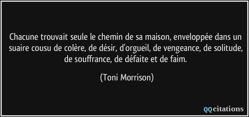 Chacune trouvait seule le chemin de sa maison, enveloppée dans un suaire cousu de colère, de désir, d'orgueil, de vengeance, de solitude, de souffrance, de défaite et de faim.  - Toni Morrison