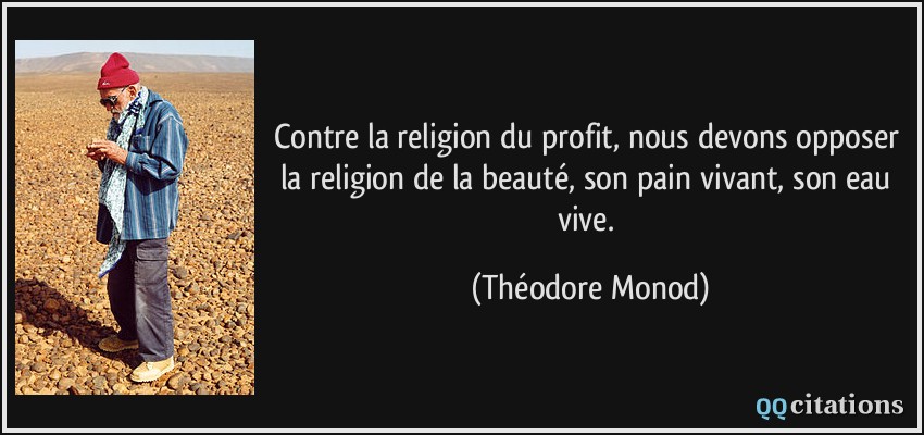 Contre la religion du profit, nous devons opposer la religion de la beauté, son pain vivant, son eau vive.  - Théodore Monod