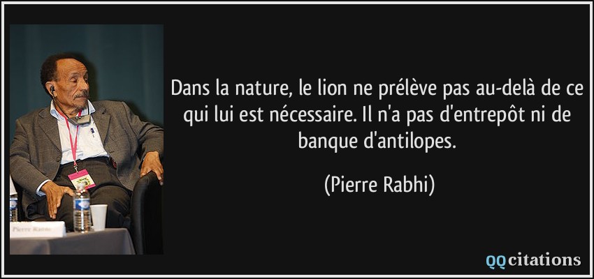 Dans la nature, le lion ne prélève pas au-delà de ce qui lui est nécessaire. Il n'a pas d'entrepôt ni de banque d'antilopes.  - Pierre Rabhi