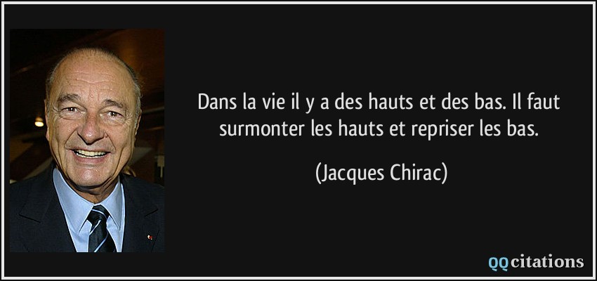 Dans la vie il y a des hauts et des bas. Il faut surmonter les hauts et repriser les bas.  - Jacques Chirac