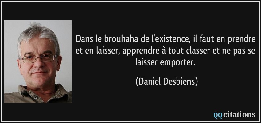 Dans le brouhaha de l'existence, il faut en prendre et en laisser, apprendre à tout classer et ne pas se laisser emporter.  - Daniel Desbiens