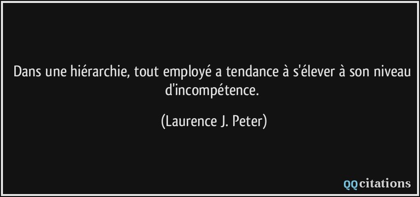 Dans une hiérarchie, tout employé a tendance à s'élever à son niveau d'incompétence.  - Laurence J. Peter