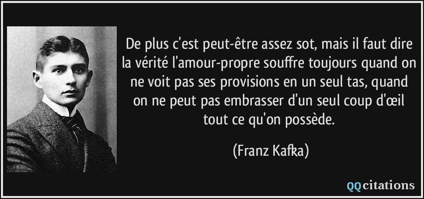 De plus c'est peut-être assez sot, mais il faut dire la vérité l'amour-propre souffre toujours quand on ne voit pas ses provisions en un seul tas, quand on ne peut pas embrasser d'un seul coup d'œil tout ce qu'on possède.  - Franz Kafka