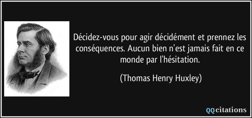 Décidez-vous pour agir décidément et prennez les conséquences. Aucun bien n'est jamais fait en ce monde par l'hésitation.  - Thomas Henry Huxley