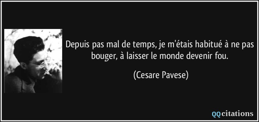 Depuis pas mal de temps, je m'étais habitué à ne pas bouger, à laisser le monde devenir fou.  - Cesare Pavese