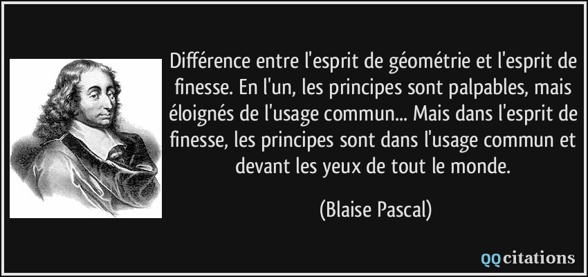 Différence entre l'esprit de géométrie et l'esprit de finesse. En l'un, les principes sont palpables, mais éloignés de l'usage commun... Mais dans l'esprit de finesse, les principes sont dans l'usage commun et devant les yeux de tout le monde.  - Blaise Pascal