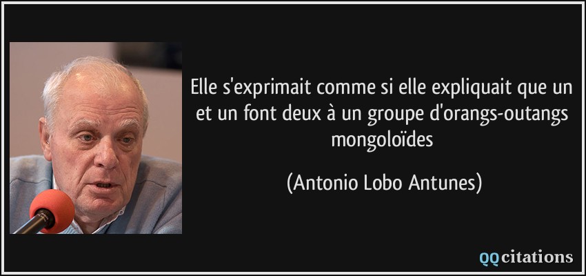 Elle s'exprimait comme si elle expliquait que un et un font deux à un groupe d'orangs-outangs mongoloïdes  - Antonio Lobo Antunes