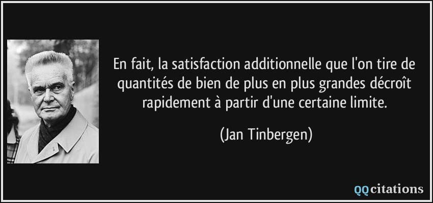 En fait, la satisfaction additionnelle que l'on tire de quantités de bien de plus en plus grandes décroît rapidement à partir d'une certaine limite.  - Jan Tinbergen