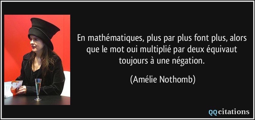 En mathématiques, plus par plus font plus, alors que le mot oui multiplié par deux équivaut toujours à une négation.  - Amélie Nothomb