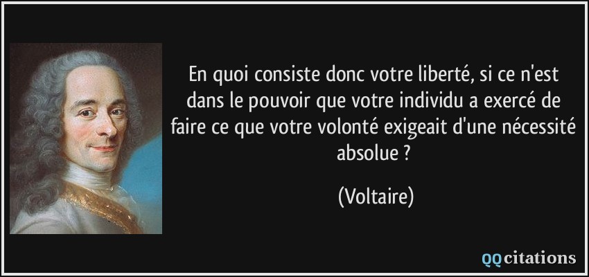 En quoi consiste donc votre liberté, si ce n'est dans le pouvoir que votre individu a exercé de faire ce que votre volonté exigeait d'une nécessité absolue ?  - Voltaire