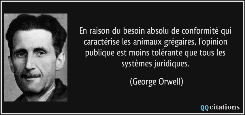 En raison du besoin absolu de conformité qui caractérise les animaux grégaires, l'opinion publique est moins tolérante que tous les systèmes juridiques.  - George Orwell