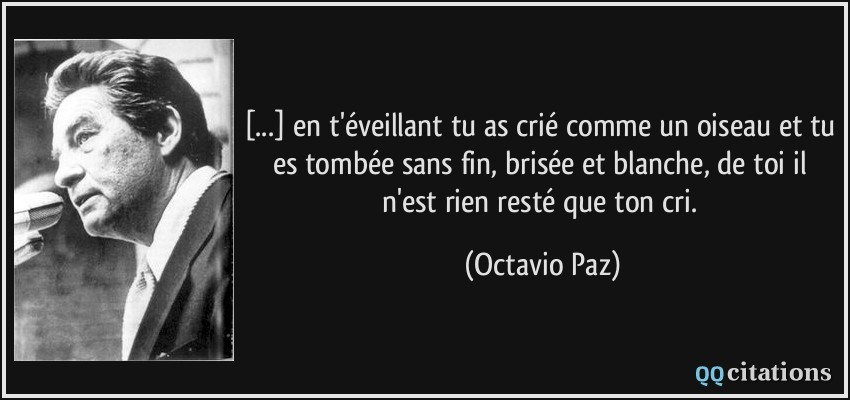 [...] en t'éveillant tu as crié comme un oiseau et tu es tombée sans fin, brisée et blanche, de toi il n'est rien resté que ton cri.  - Octavio Paz