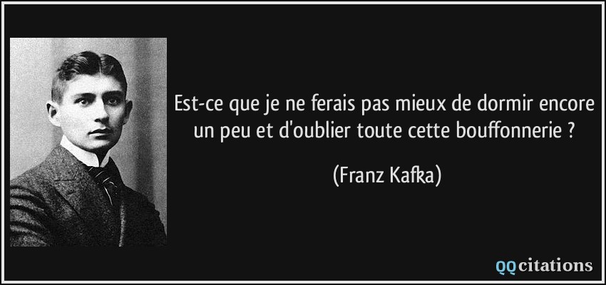 Est-ce que je ne ferais pas mieux de dormir encore un peu et d'oublier toute cette bouffonnerie ?  - Franz Kafka