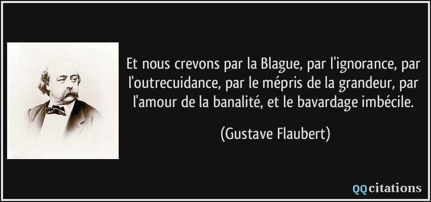 Et nous crevons par la Blague, par l'ignorance, par l'outrecuidance, par le mépris de la grandeur, par l'amour de la banalité, et le bavardage imbécile.  - Gustave Flaubert