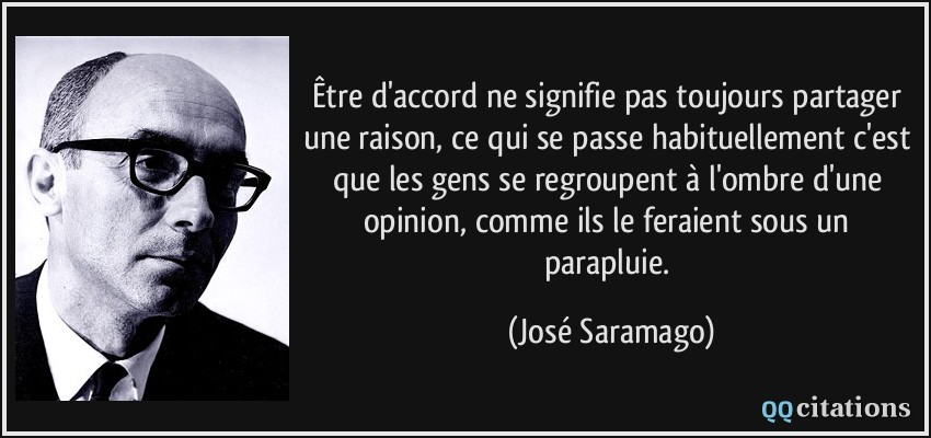 Être d'accord ne signifie pas toujours partager une raison, ce qui se passe habituellement c'est que les gens se regroupent à l'ombre d'une opinion, comme ils le feraient sous un parapluie.  - José Saramago