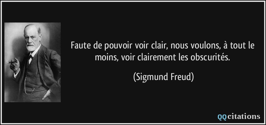 Faute de pouvoir voir clair, nous voulons, à tout le moins, voir clairement les obscurités.  - Sigmund Freud