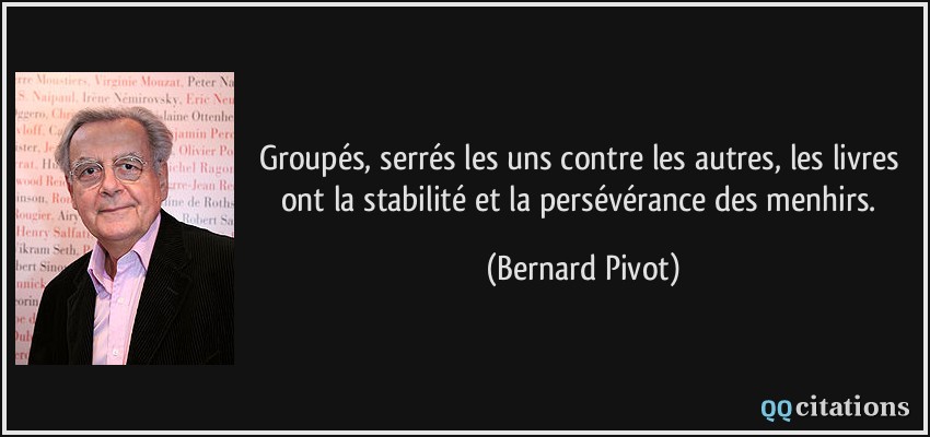 Groupés, serrés les uns contre les autres, les livres ont la stabilité et la persévérance des menhirs.  - Bernard Pivot