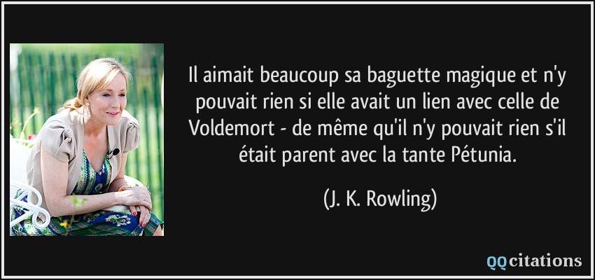 Il aimait beaucoup sa baguette magique et n'y pouvait rien si elle avait un lien avec celle de Voldemort - de même qu'il n'y pouvait rien s'il était parent avec la tante Pétunia.  - J. K. Rowling