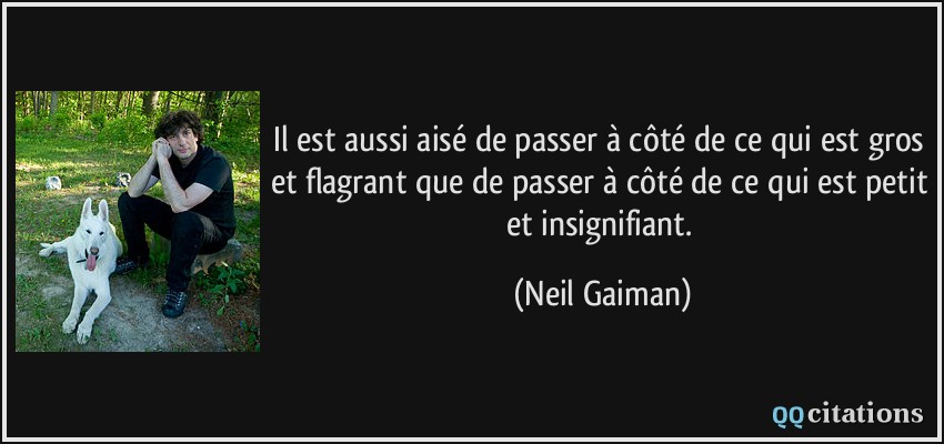 Il est aussi aisé de passer à côté de ce qui est gros et flagrant que de passer à côté de ce qui est petit et insignifiant.  - Neil Gaiman