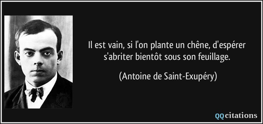 Il est vain, si l'on plante un chêne, d'espérer s'abriter bientôt sous son feuillage.  - Antoine de Saint-Exupéry