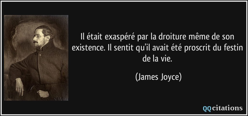 Il était exaspéré par la droiture même de son existence. Il sentit qu'il avait été proscrit du festin de la vie.  - James Joyce