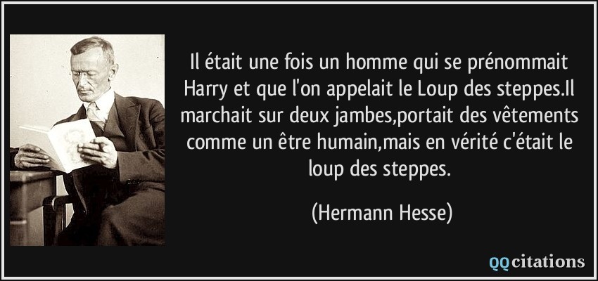 Il était une fois un homme qui se prénommait Harry et que l'on appelait le Loup des steppes.Il marchait sur deux jambes,portait des vêtements comme un être humain,mais en vérité c'était le loup des steppes.  - Hermann Hesse