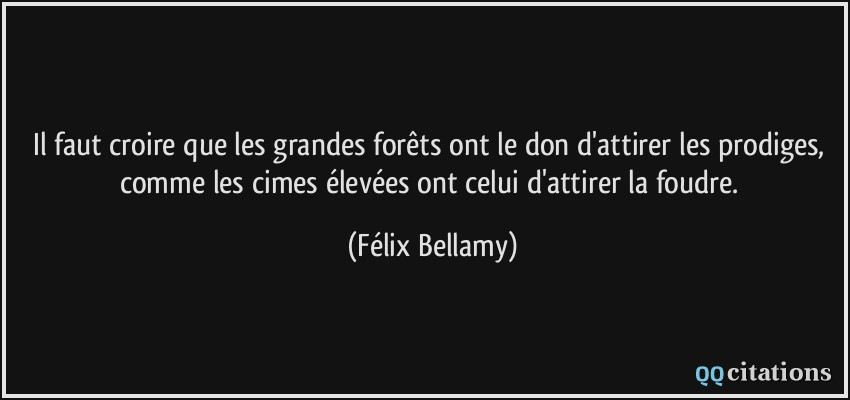 Il faut croire que les grandes forêts ont le don d'attirer les prodiges, comme les cimes élevées ont celui d'attirer la foudre.  - Félix Bellamy