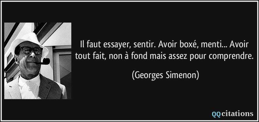 Il faut essayer, sentir. Avoir boxé, menti... Avoir tout fait, non à fond mais assez pour comprendre.  - Georges Simenon